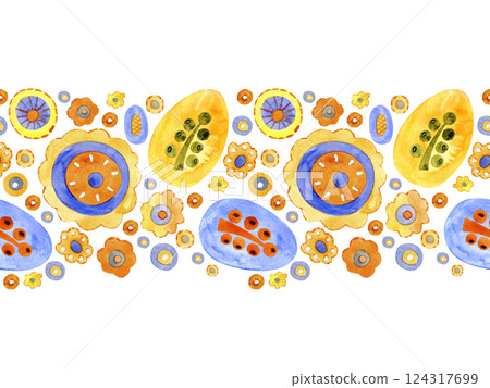 Fun border with abstract cartoon flowers, bright design for various fabrics, backgrounds, perfect for all purposes, watercolor seamless edge. 124317699