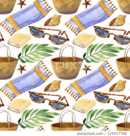 A luxurious summer pattern with tropical plants, marine life and beach accessories. 124317706