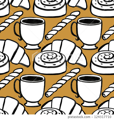 Elegant coffee cup and croissant pattern suitable for various fabrics and backgrounds, ideal for many purposes, seamless watercolor background. 124317710