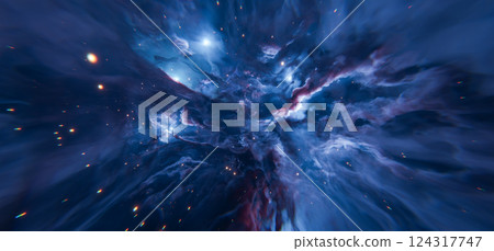 Deep Blue Nebula Background with Bright Star Clouds in Space 124317747