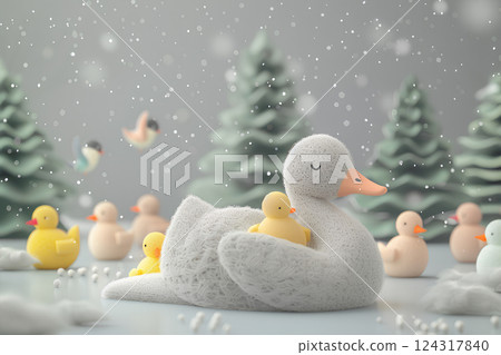 A swan and many baby swans 124317840