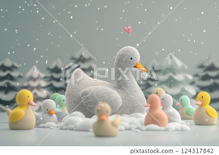 A swan and many baby swans 124317842