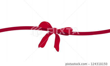 Red ribbon bow hand drawn on banner. Decorative elements for holiday invitations and birthday cards. Vector illustration. 124318150