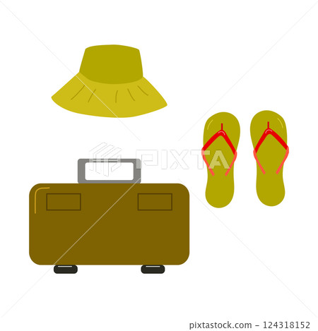 Summer clothing set Vector summertime Trend outfit. Suitcase slates Panama. Design for sales banner poster web page advertising printed materials. Summer clothing set Vector summertime Trend outfit. Suitcase slates Panama. Design for sales banner poster web page advertising printed materials. 124318152