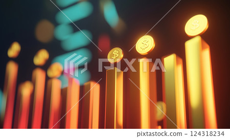 3D image of coins and charts showing cryptocurrency price rise 3D image of coins and charts showing cryptocurrency price rise 124318234