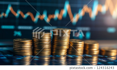 3D image of coins and charts showing cryptocurrency price rise 3D image of coins and charts showing cryptocurrency price rise 124318243