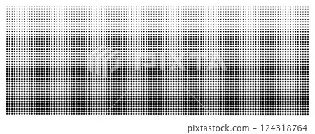 Dotted halftone background. Vector gradient with big and small black dots, retro horizontal monochrome poster,  textured pop art cover with grunge effect 124318764
