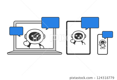 Conversational AI robot/chatbot and PC/tablet/smartphone device set [Vector illustration 124318779