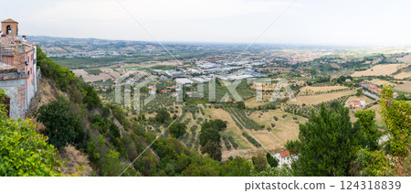 Panoramic view of countryside landscape with olive trees and rolling hills in Verucchio, Italy 124318839