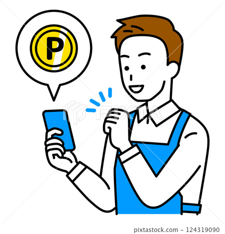 A man in an apron earning points on a smartphone A man in an apron earning points on a smartphone 124319090