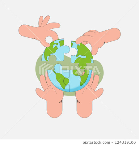 Human hand holding Jigsaw of Earth Globe. The concept of sustainable development for business, ecology and environment protection. Flat vector illustration. 124319100