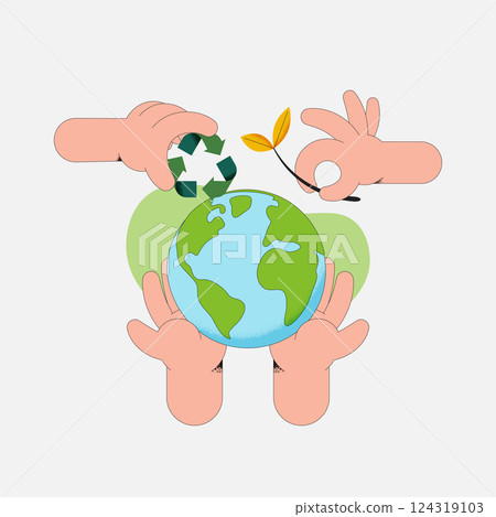 Human hand holding Earth Globe, recycling symbol and plant. The concept of sustainable development for business, ecology and environment protection. Flat vector illustration. Human hand holding Earth Globe, recycling symbol and plant. The concept of sustainable development for business, ecology and environment protection. Flat vector illustration. 124319103