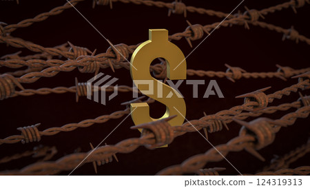 The Rusty barbed wire and gold dollar  for Business concept 3d Rendering. 124319313