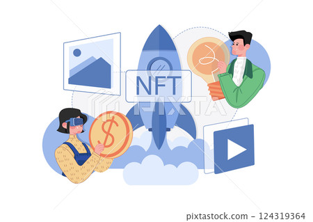 Promoting NFT Art Auction Illustration concept. A flat illustration isolated on white background 124319364