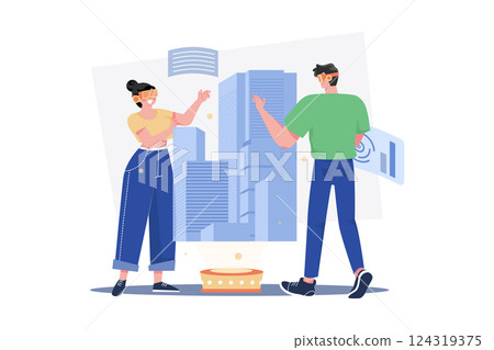 People Building A Virtual World Illustration concept. A flat illustration isolated on white background People Building A Virtual World Illustration concept. A flat illustration isolated on white background 124319375