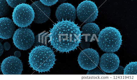 Magnified electron microscope image of cedar pollen 124319452