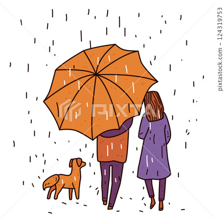 Couple dog under umbrella rainy day companionship. Two people with an orange umbrella and a small dog in the rain. Minimalist style with muted colors Couple dog under umbrella rainy day companionship. Two people with an orange umbrella and a small dog in the rain. Minimalist style with muted colors 124319753
