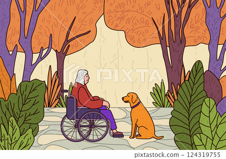 Elderly woman in wheelchair with dog companionship in autumn park scene vibrant foliage colorful trees peaceful nature setting digital art 124319755
