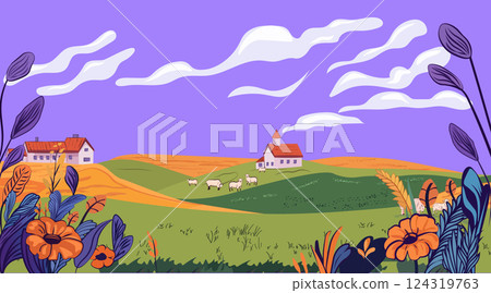 Rural landscape peaceful countryside scene with sheep grazing on rolling hills vibrant flowers foreground two houses church under purple sky white clouds digital art 124319763