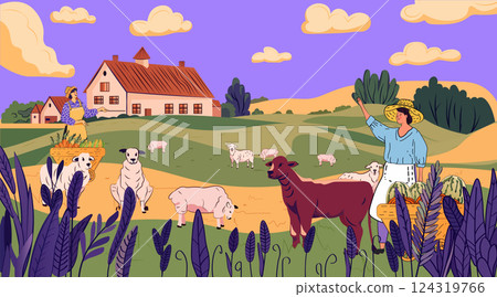 Farm scene with sheep and farmers in a pastoral landscape with rolling hills and a farmhouse under a purple sky. Agriculture and rural life concept Farm scene with sheep and farmers in a pastoral landscape with rolling hills and a farmhouse under a purple sky. Agriculture and rural life concept 124319766