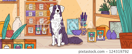 Dog in pet store setting surrounded by pet food plants and decor shelves warm colors cozy atmosphere retail environment 124319792