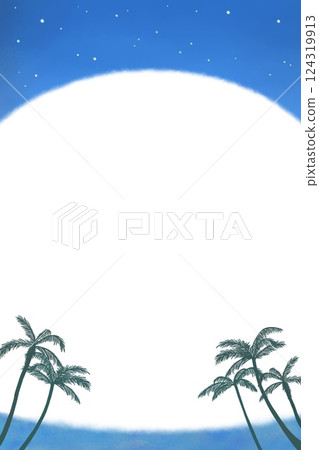 A vertical frame with a starry sky and the silhouette of palm trees. An illustration of a tropical beach at night with a resort feel. A vertical frame with a starry sky and the silhouette of palm trees. An illustration of a tropical beach at night with a resort feel. 124319913