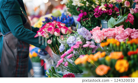 A charming flower market with beautifully arranged fresh bouquets, people browsing, and a rustic wooden stand overflowing with colorful blooms. 124320010