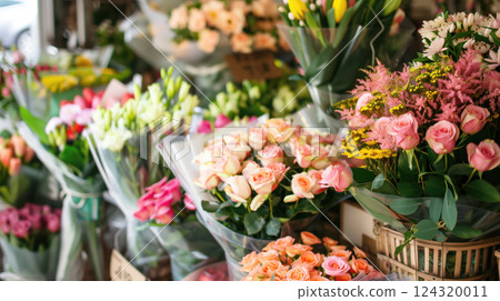 A charming flower market with beautifully arranged fresh bouquets, people browsing, and a rustic wooden stand overflowing with colorful blooms. 124320011