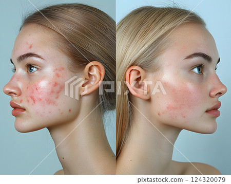 Before and after of a woman's face. Comparison of acne skin and after improvement 124320079