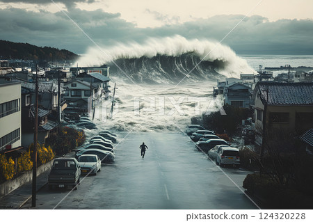 The moment a giant tsunami hits a city. A powerful scene of a natural disaster. 124320228