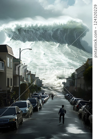 The moment a giant tsunami hits a city. A powerful scene of a natural disaster. 124320229