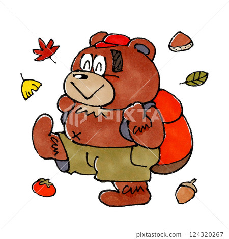 Hiking bear character and autumn plants 124320267