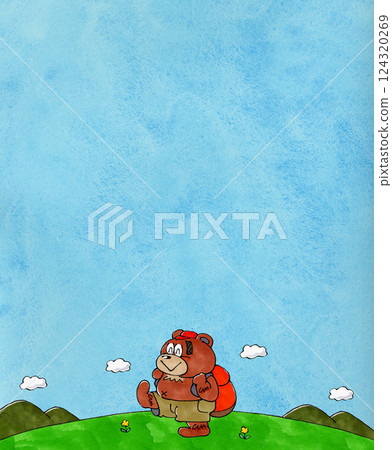 Hiking bear character copy space (watercolor blue sky) 124320269