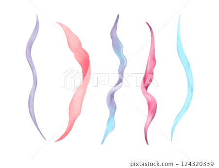 Curved underwater seaweed. Watercolor, marker illustration. Marine botanical plants clipart. Hand drawn isolated art. Ocean flora shape. Suitable for cosmetic design, children's room design, swimsuit 124320339