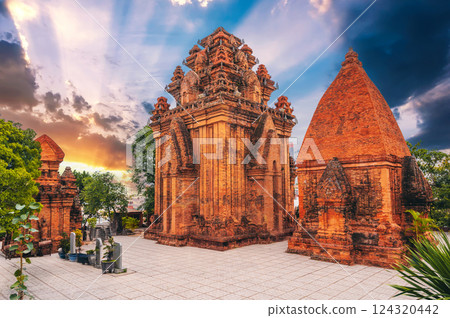 Vietnamese Cham Po Nagar Towers in Nha Trang in Vietnam in Asia at sunrise Vietnamese Cham Po Nagar Towers in Nha Trang in Vietnam in Asia at sunrise 124320442