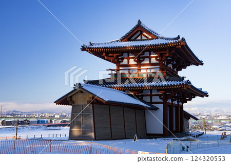 藍天白雲下的白雪皚皚的多賀城市南門(多賀城市) 藍天白雲下的白雪皚皚的多賀城市南門(多賀城市) 124320553