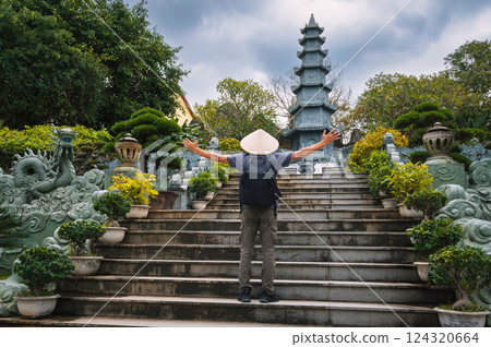 man tourist traveler at Linh Ung Pagoda in Da Nang in Vietnam. The concept of travel and tourism in Asia 124320664