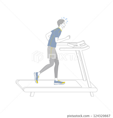 年輕人在健身房的跑步機大汗淋漓、努力奔跑 124320667