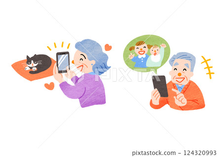 一位老人使用智慧型手機的插圖 一位老人使用智慧型手機的插圖 124320993