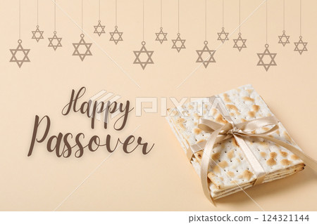 Passover, matzah with wish text and star, on a light background Passover, matzah with wish text and star, on a light background 124321144
