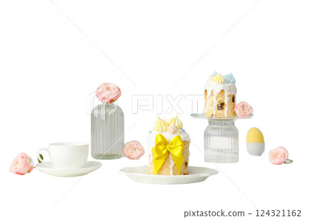 PNG, Easter, Easter bread in a plate with eggs, isolated on a white background 124321162