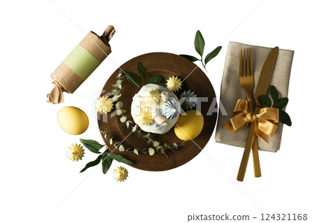 PNG, Easter, Easter bread on a plate with decoration, isolated on a white background PNG, Easter, Easter bread on a plate with decoration, isolated on a white background 124321168