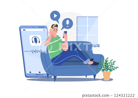 Man Listening To The Podcast While Sitting On A Couch 124321222