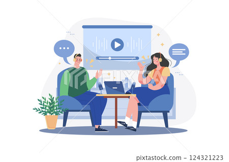 Man And Woman Recording A Podcast Conversation 124321223