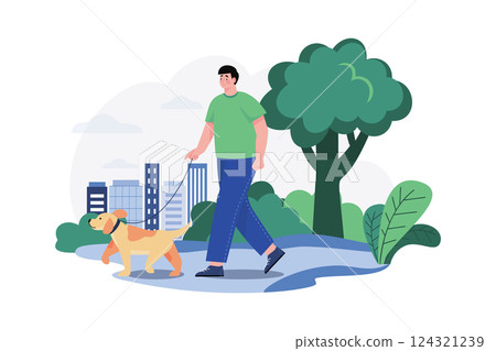 Man Going On A Morning Walk With His Dog 124321239