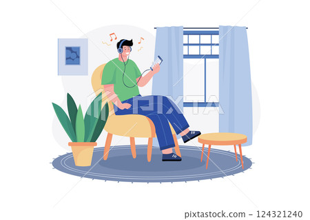 Man Listening To Music On Earphones Using Mobile Phone Man Listening To Music On Earphones Using Mobile Phone 124321240