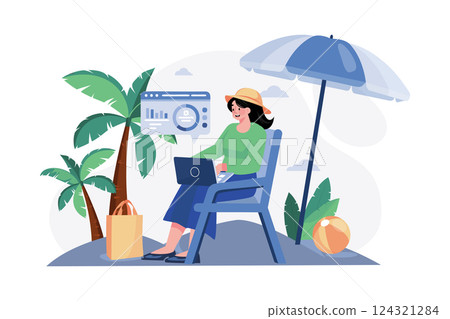 Girl Working On Vacation Illustration concept. A flat illustration isolated on white background 124321284