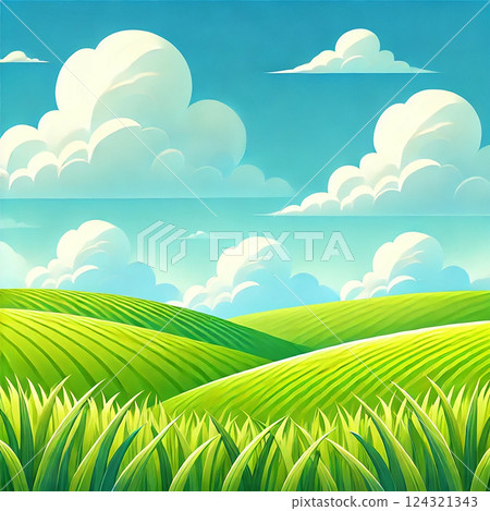 溫柔的草原和雲彩風景 - 動漫風格的天空和大地 124321343