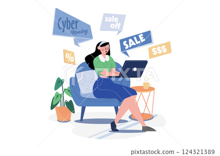 Cyber Monday Shopping Illustration concept. A flat illustration isolated on white background 124321389