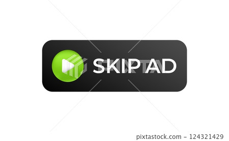 Interactive green skip ad button with play icon for media content bypassing on online platforms Interactive green skip ad button with play icon for media content bypassing on online platforms 124321429